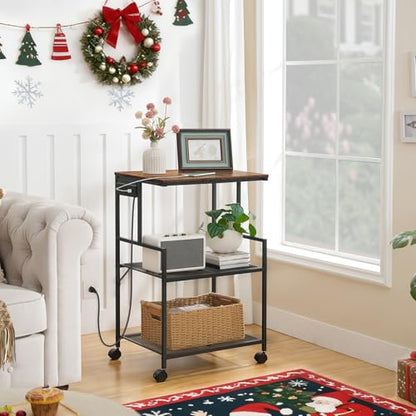 MAHANCRIS Mobile Printer Stand, 3-Tier Industrial Printer Cart with Power Outlets and 2 USB Ports, Rolling Printer Table on Wheels for Home Offices Kitchen Organization Rack, Rustic Brown PTHR78E01 - color: Rustic Brown