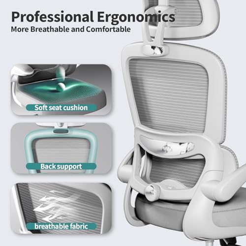 TRALT Office Chair Ergonomic Desk Chair - Gaming Chair with Lumbar Support | 330 LBS Home Office Desk Chairs with Headrest, Reading Chair with Flip-up Armrests, Comfortable Computer Chairs (1, Grey) - color: Light Grey