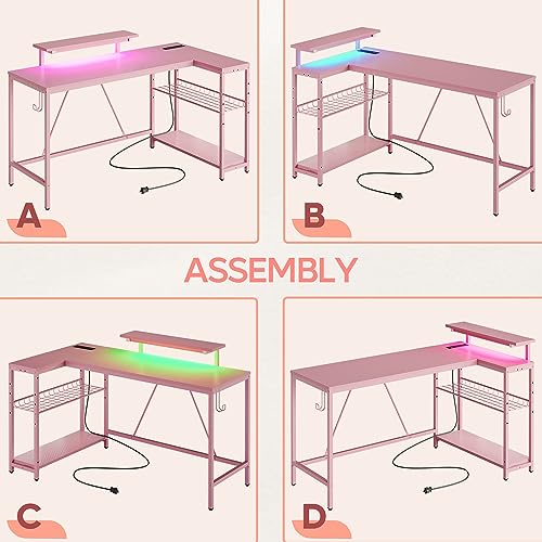 Bestier L Shaped Gaming Desk with Power Outlets,58 LED Small Corner Desk with Reversible Storage Shelves,Pink Computer Desk with Headset Hooks Desk for Living Room and Dormitory