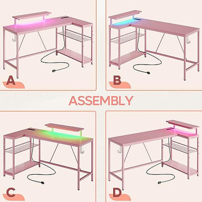 Bestier L Shaped Gaming Desk with Power Outlets,58 LED Small Corner Desk with Reversible Storage Shelves,Pink Computer Desk with Headset Hooks Desk for Living Room and Dormitory