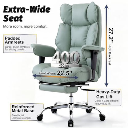 Efomao Executive Office Chair 400lbs,Green Big and Tall Desk Chair | Mattress-grade pocket spring cushion, sleek leather, 135° recline & footrest for computer gaming setup. - color: 3084p-green