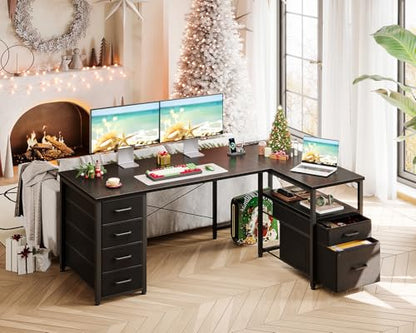 Coleshome 55 Inch L Shaped Office Desk with 6 Drawers, Power Outlet, Black - color: Black, size: 55 Inch