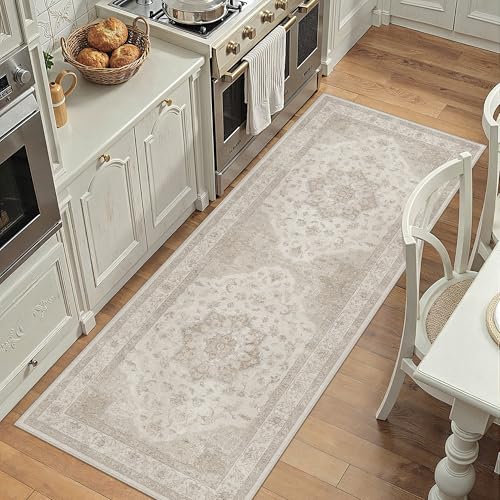 PureCozy Beige 2x6 Washable Runner Rug Vintage Oriental Medallion Carpet | Soft Low Pile, Non Slip, Stain Resistant, Neutral Retro Decor for Entryway, Kitchen, Bedroom, Hallway - color: Beige, size: 2' x 6' (Runner)