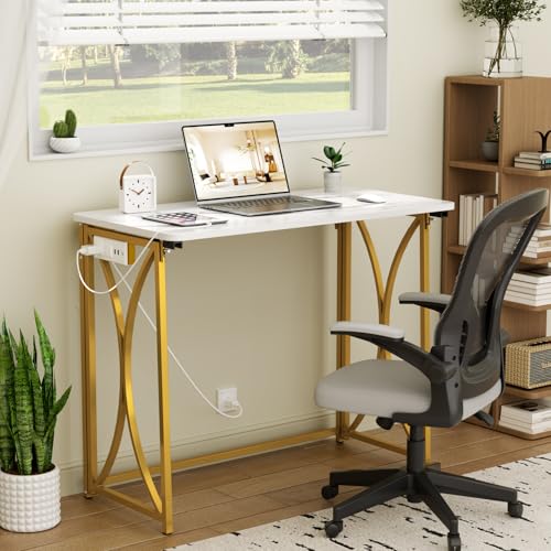 Folding Desk, 31.5" Small Desk for Bedroom with Power Outlet, Space Saving Foldable Computer Desk for Home Office, Easy Assembly, White and Gold - size: medium size02