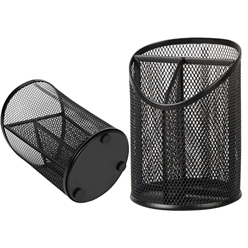Delifox 2 Pack Pen Holder Mesh Round Pencil Holder 3 Compartments, Black | Pen Organizer for Office Home - color: Black