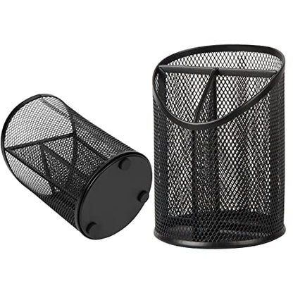 Delifox 2 Pack Pen Holder Mesh Round Pencil Holder 3 Compartments, Black | Pen Organizer for Office Home - color: Black