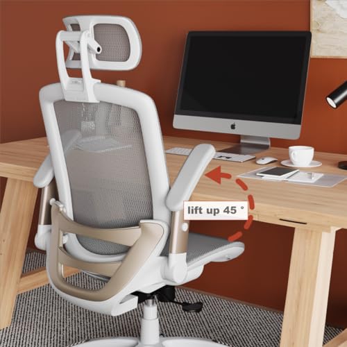 GABRYLLY Ergonomic Office Chair, High Back Home Desk Chair with Headrest, Flip-Up Arms, 90-120° Tilt Lock and Wide Cushion, Big and Tall Mesh Chairs for Man Woman, White Task Chair - color: White Frame - Black With Subtle White Undertones Mesh
