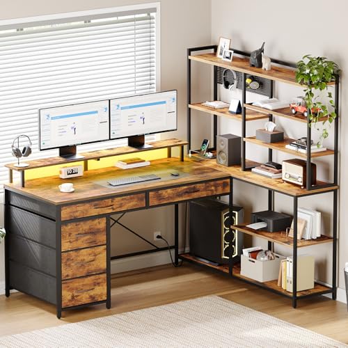 L Shaped Computer Desk with Drawers, 53'' Gaming Desk with Storage Shelves, Corner Computer Desk with Power Outlets & LED Light, Home Office Desk with Monitor Stand and Pegboard, Rustic Brown