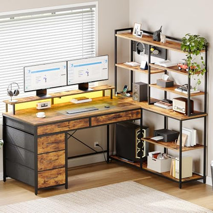 L Shaped Computer Desk with Drawers, 53'' Gaming Desk with Storage Shelves, Corner Computer Desk with Power Outlets & LED Light, Home Office Desk with Monitor Stand and Pegboard, Rustic Brown