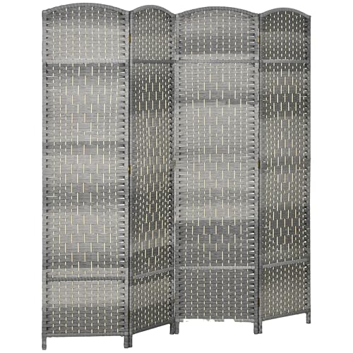 HOMCOM 4 Panel Room Divider 6 Ft Privacy Screen Hand-Woven Mixed Gray | Folding PP Wall Partition, Pine Wood Frame, Freestanding Room Separator, Bedroom Home Office, No Assembly - color: Mixed Gray, size: 4 Panel