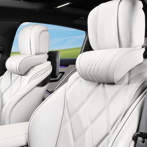 Car Headrest Memory Foam Neck Pillow for Driving Off-White 2 Pack | Soft Comfortable Leather Seat Head Rest Pillow Headrest Travel Neck Support Cushion for Most Cars SUV Home Office Chair - color: Off-white, size: Headrest 2 Pack
