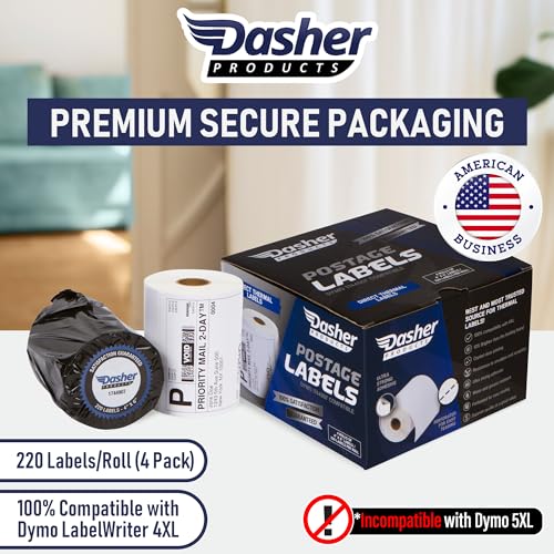 Dasher Products Thermal Shipping Labels Compatible with Dymo LabelWriter 4XL 1744907 4x6 Internet Postage Labels, Water Resistant, Strong Adhesive, Perforated, 220 per Roll, NOT for 5XL (4 Pack) - style: 4XL - 4 Rolls