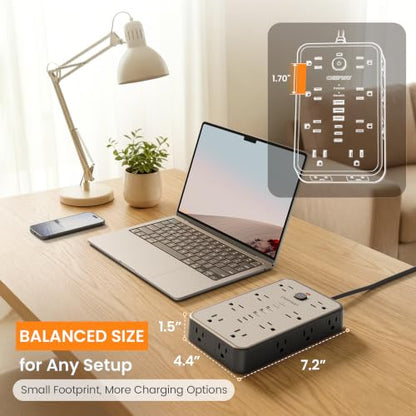 10 FT Surge Protector Power Strip with 6 USB, 16 Outlets, 2400J - color: Black / Gray, size: 10 FT