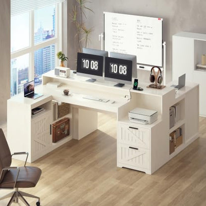 63" Farmhouse L Shaped Desk with Drawers and Printer Stand for Home Office - color: White