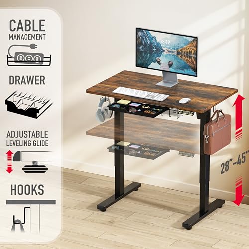 SHW 40-Inch Electric Height Adjustable Standing Desk w/Drawer, Rustic Brown - color: Rustic Brown, size: 40-Inch