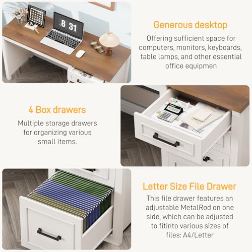 Vabches Farmhouse 49” Executive Desk with File Drawer, White Brown | 4 Drawers Reversible Computer Desk with Storage, Rustic Home Writing Workstation for Home Office - color: 49in White Brown