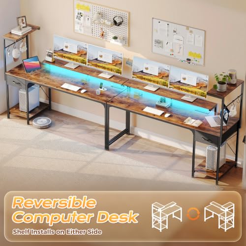 PRAISUN 63 Inch Gaming Desk with LED Lights & Power Outlets - color: Rustic Brown, size: 63 Inch