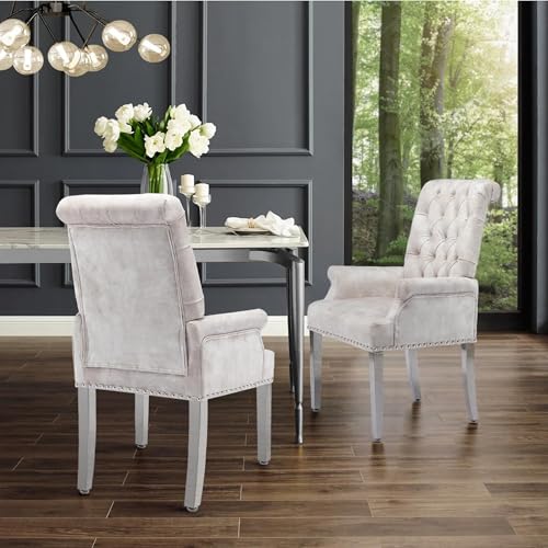 LOULENS Velvet Dining Chairs Set of 2, Dining Chairs with Arms, Beige | Upholstered, High Back, Tufted, Luxurious, Stainless Steel Leg, for Kitchen & Dining Room - color: Beige, size: 2 PCS