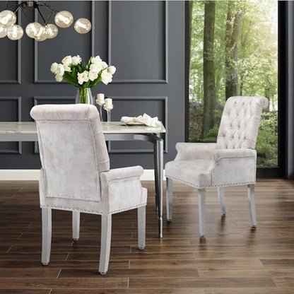 LOULENS Velvet Dining Chairs Set of 2, Dining Chairs with Arms, Beige | Upholstered, High Back, Tufted, Luxurious, Stainless Steel Leg, for Kitchen & Dining Room - color: Beige, size: 2 PCS