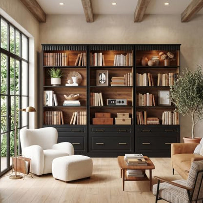 LITTLE TREE 72" Tall Black Bookcase, 5-Tier Office Bookself with File Cabinet Drawers,Modern Floor Standing Storage Filing Cabinet Book Shelf for Living Room,Bedroom(2 Piece,Black) - color: Black