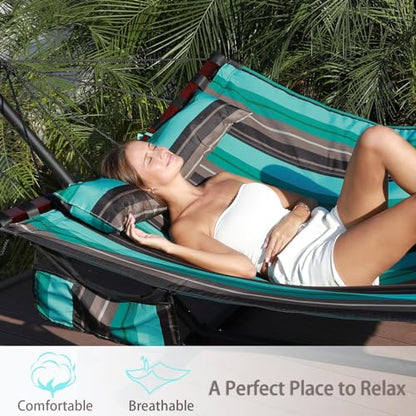 TegerDeger 12FT 2 Person Hammock with V Shaped Spreader Bar -Teal Stripes - color: Teal Stripes