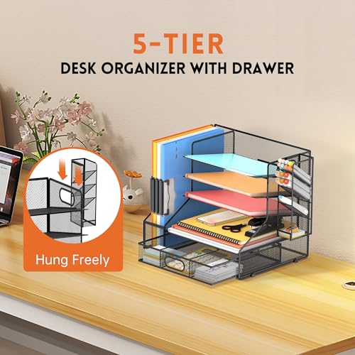 5-Tier Desk Organizer with File Holder & Pen Holder & Sliding Drawer, Black - color: Black