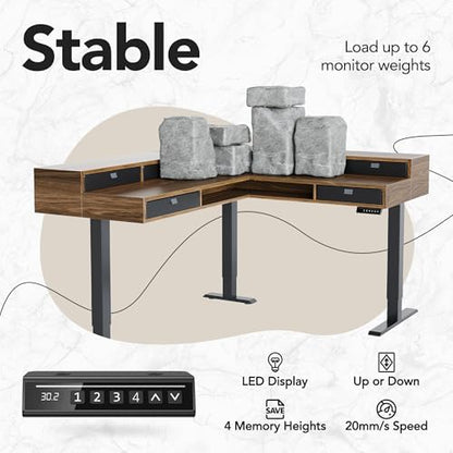 HUANUO 85" Electric L Shaped Standing Desk with File Cabinet, Walnut | 65"x58" 2-Tier L-Desk,File Cabinet, 6 Drawers,220lbs Carbon Steel,4 Memory Presets, 27.6"-46.5" Adjustable Height - color: Walnut, size: 6 Drawers+File Cabinet
