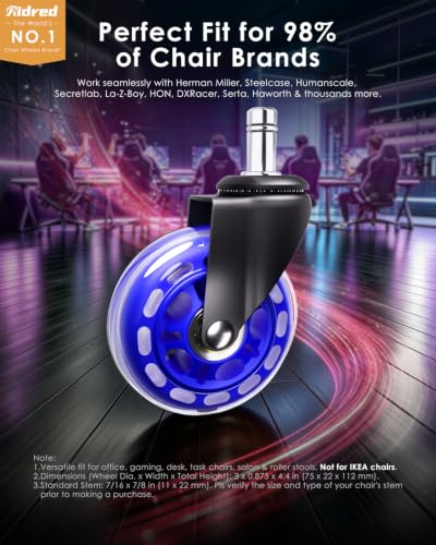 RidRed Gaming Chair Wheels - Heavy-Duty Office Chair Wheels - Replacement Rubber Casters- Universal Fit 3 Inch Chair Casters, Noise Free, Fits 98% Chair, for All Floor - color: Blue