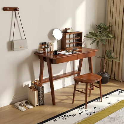 100% Solid Rubber Wood Desk Home Office Desk Mid Century Modern Writing Computer Desk with Drawer for Home Office 39" - color: Teak-rubberwood, size: 39.37"W