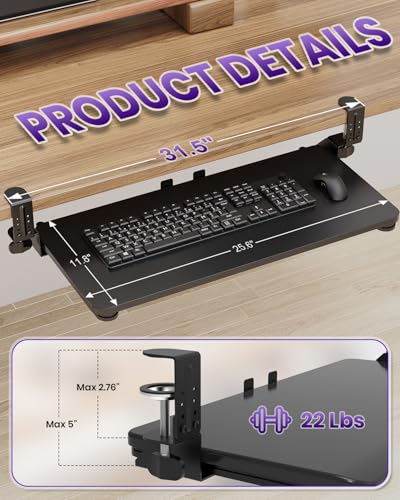 Ergonomic Keyboard Tray Under Desk, 25.6x11.8 Inch Board, Black - color: Black, size: Large