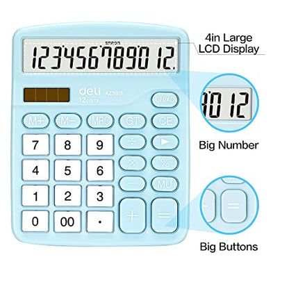 Calculator, Deli Standard Function Desktop Calculators with 12 Digit Large LCD Display and Sensitive Button, Solar Battery Dual Power Office Calculator, Blue - color: Blue