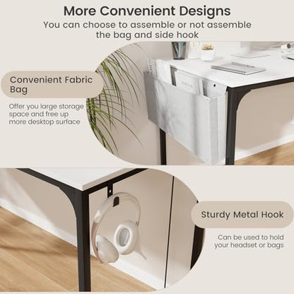 COSTWAY Home Office Desk, 32 Inch Computer Desk with Recessed Power Strip, Storage Bag & Headphone Hook, Wide Desktop, Modern Computer Workstation Writing Table for Home, Office (White + Black) - color: White + Black