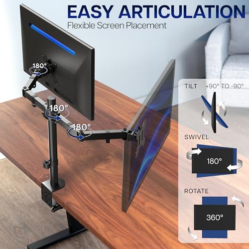 VIVO Dual Monitor Desk Mount, Holds 2 Computer Screens up to 30 inches and 22lbs Each, Heavy Duty Fully Adjustable Steel Stand with C-Clamp and Grommet, Black, STAND-V002 | Black, Articulating, Adjustable Monitor Arm, Grommet or C-Clamp Mounting, Computer