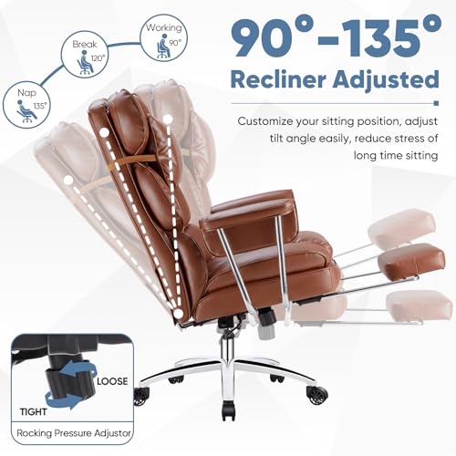 DUMOS Ergonomic Home Office Desk Chair, Executive Chair, PU Leather | Big Tall High Back, Lumbar Support, Reclining Height Adjustable, Computer Gaming, Footrest Swivel Wheels, Brown - color: Brown