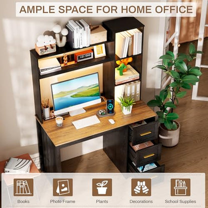 40” Home Office Desk with Hutch and Drawers, Black | Modern Computer Desk with Adjustable LED Light and Charging Station, Storage Shelves, Writing Table for Bedroom Study Room - color: Black+brown