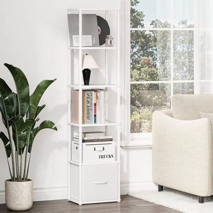 6-Tier Bookshelf Organizer, Narrow Bookcase,Tall Skinny Bookshelves, Standing Ladder Shelf with Drawer, Small Book Shelf with Storage for Living Room, Bedroom, Office, Study White HBC505W - color: White