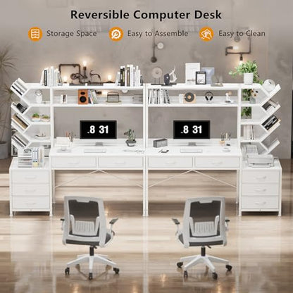 YOMILUVE 52" Computer Desk with Bookshelf, 5 Drawers ＆ Hutch for Bedroom | White Office Desk with Printer Shelf, Study Writing Desk with Storage Shelves - color: White
