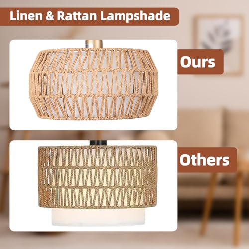 Brilvibera Boho Gold Farmhouse Floor Lamp- Rattan Lamp with Remote and Bulb | Mid Century Modern Rattan Floor Lamp with 2 in 1 Lampshades, Bohemian Gold Tall Lamp for Living Room, Office, Classroom - style: Drum-Gold