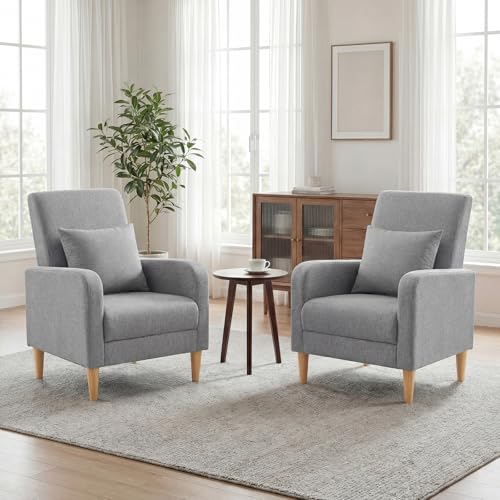 COLAMY Mid-Century Modern Accent Chairs Set of 2, Fabric Upholstered Living Room Chairs with Back Pillow & Solid Wood Legs, Comfy Armchair for Living Room, Bedroom, Single Sofa, Grey - color: Grey, size: Set of 2