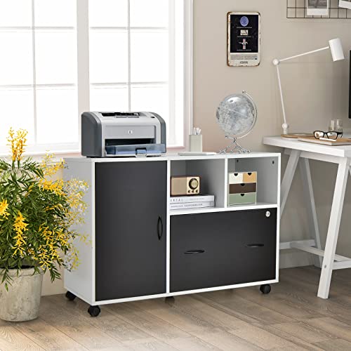 Lateral File Cabinet with Lock, Filing Cabinet for Legal/Letter/A4 Size Files, 40” Printer Stand with Open Storage Shelves for Home Office, Mobile File Cabinets on Wheels - color: Black, size: 40" x 16" x 26"