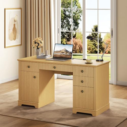 59" Executive Desk with Charging Station and 5 Drawers, Large Writing Study Table Computer Desk with Fluted Panel and Storage Cabinet with Adjustable Shelf, for Home Office Living Room and Study Room