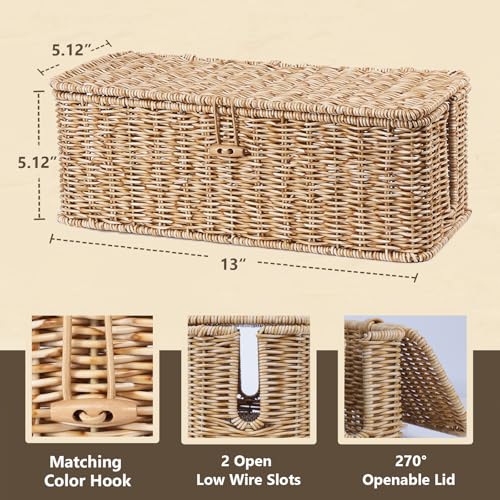 Cable Management Box, Cord Organizer with Lid & Cable Ties - Natural, M | Handmade Open Slots Cord Hider Outlet Covers for Power Strip TV PC Router Charger Under Desk Storage - color: Natural, size: M