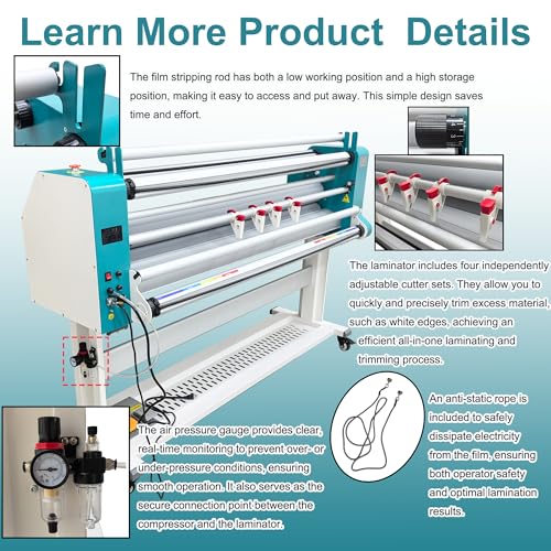 64" Full Automatic Pneumatic Laminating Machine, 110V Single Sided Laminator, 1.38" Max Thickness, Hot & Cold Roll Laminator with Foot Pedal & 4 Cutters, for Advertising, Printing, Packaging