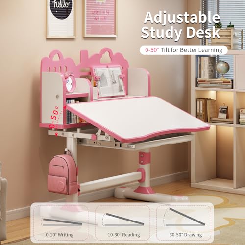 Kids Study Desk and Chair Set 3-12, Adjustable Children School Desk-10PINK | Height Adjustable | 50° Tilt Desktop | Book Stand & Metal Hook & Storage Drawer | Writing Drawing Table for Boys and Girls - color: 100-pink-27.5in