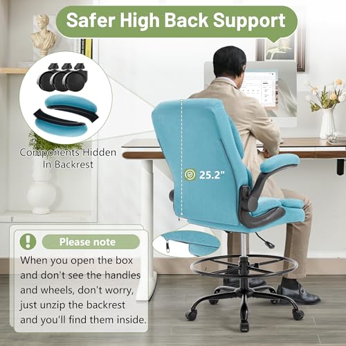 500LBS Drafting Chair, High Back Safer Standing Desk Chair, Executive Tall Office Chair with Flip-up Armrests, Upholstered Fabric Task Chair, Ergonomic Seat with Adjustable Height&Foot Ring, Blue - color: Blue