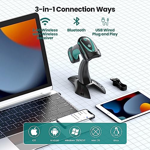 Bluetooth Barcode Scanner: Industrial 2D 1D with Stand USB Wired | 2.4G Wireless, 2500mAh Battery, IP65 Protection, Screen Scanning, Automatic scanning, Warehouse Library Supermarkets