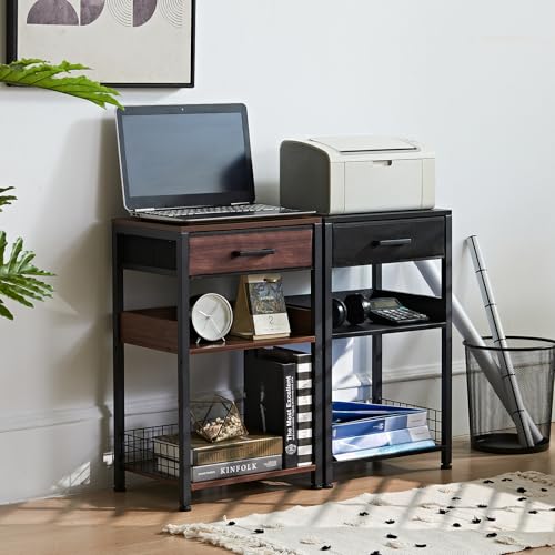 Lerliuo 3-Tier Printer Stand with Fabric Drawer and Shelves, Walnut | Three-tier printer stand with fabric drawer and two shelves for paper, office supplies, scanners and fax machines - color: Walnut