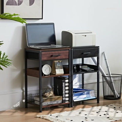 Lerliuo 3-Tier Printer Stand with Fabric Drawer and Shelves, Walnut | Three-tier printer stand with fabric drawer and two shelves for paper, office supplies, scanners and fax machines - color: Walnut