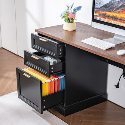 60" Professional Office Desk with Charging Station,Business Desk with 2 Drawers &1 File Cabinet,Farmhouse Executive Desk for Office and Home (Walnut & Black) - color: Walnut & Black
