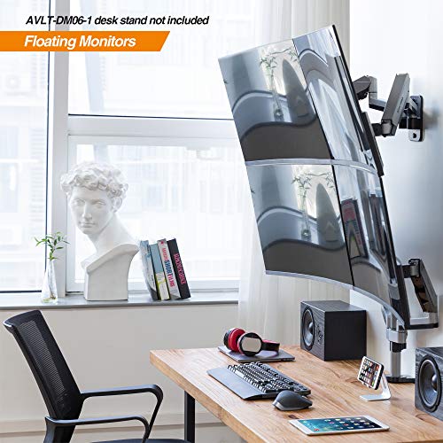 AVLT Dual Monitor Arm Wall Mount for 13-32" Screens, Full Motion - Silver | Supports flat/curved screens up to 17.6 lbs each. Smooth gas spring, VESA 75x75/100x100 and clean cable routing - color: Dual Extended